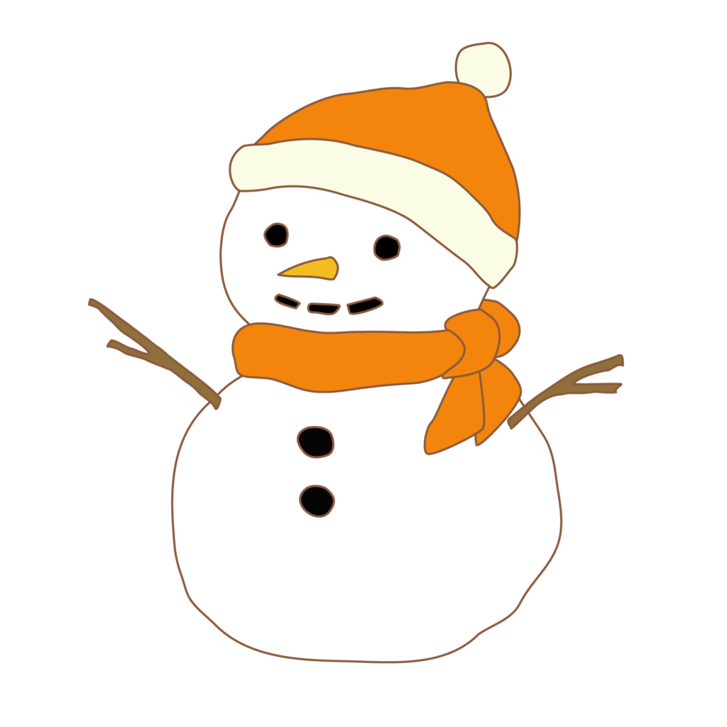 帽子とオレンジのマフラーをつけた雪だるまのイラスト（茶）