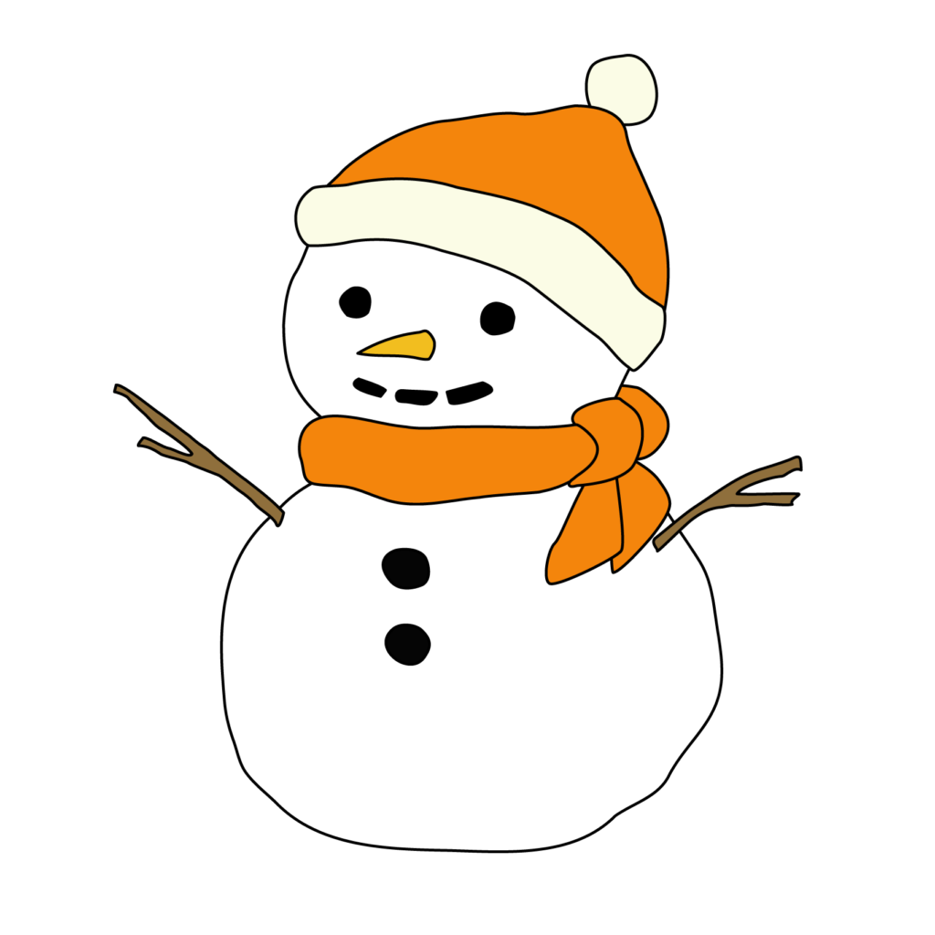帽子とオレンジのマフラーをつけた雪だるまのイラスト（黒）
